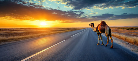 Lone Camel Walks Along an Empty Desert Highway at Sunset, Creating a Serene and Dramatic Landscapeの素材