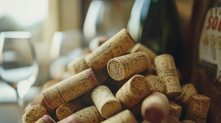 Collection of Used Wine Corks, Background for Wine Tasting, Production, or Appreciationの素材