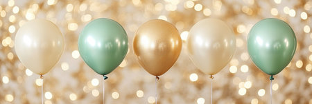 Five Green And Gold Balloons On A Gold Bokeh Background, Celebration And Party Conceptの素材