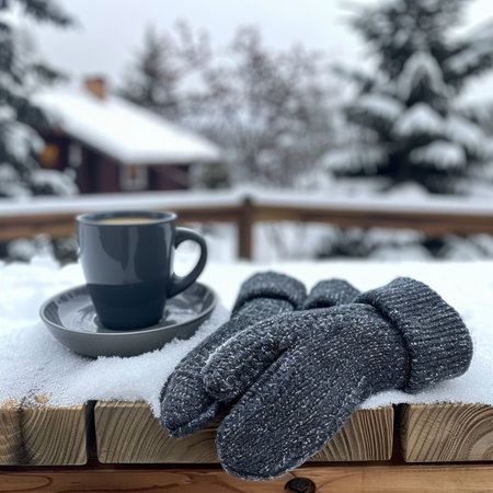 Cozy Winter Morning Steaming Cup of Coffee and Knitted Mittens Await on Snow-Covered Porch.の素材