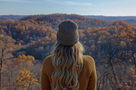 Woman in Knit Beanie Contemplates a Scenic Autumn Forest Panorama from a Hilltop Viewpointの素材