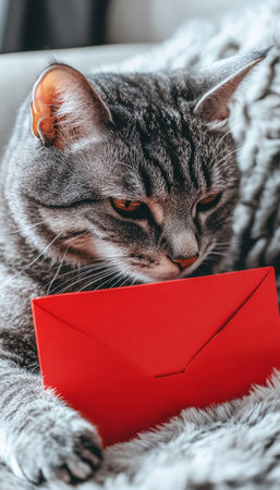 Curious Gray Tabby Contemplates Red Envelope A Whiskers and Mystery, Perfect for Pet Campaigns.の素材