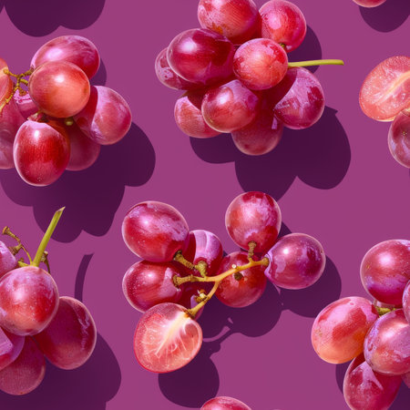 Fresh Red Grapes on Purple Background Seamless pattern for food, kitchen, fruit designの素材