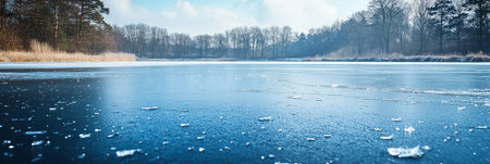 Cracked Frozen Lake Tranquil Winter Scene with Blue Ice, Sunshine, and Trees on a Cold Winter Daの素材