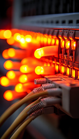 Network Server With Fiber Optic Cables, Close-up, Technology, Communication, Data Centerの素材