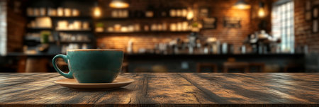 Tranquil Cafe Moment Green Ceramic Coffee Cup on Rustic Wooden Table, Blurry Coffee Shop Interiorの素材