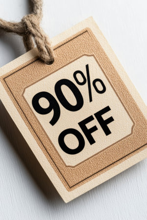 90 Off Sale Tag On Beige Paper With Rustic String Isolated On White, Minimalist Discount Conceptの素材