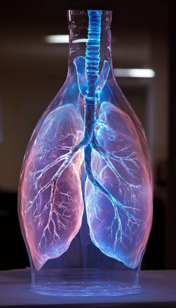 Glass Replica of Human Lungs with Illuminated Bronchial Tree on Dark Background, Healthcare Conceptの素材