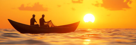 Golden Hour Fishing Silhouette Of Two Fishermen Cast Their Nets At Sunset In Small Boatの素材