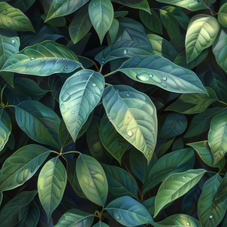 Seamless Pattern, Water Droplets on Lush Foliage, Green and Blue Hues in Photorealistic Detailの素材