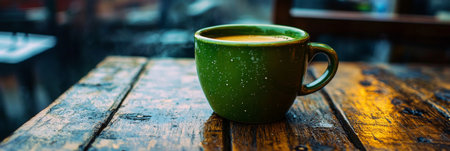 Steaming Green Coffee Mug Rests On Rustic Wooden Table, Perfect For Autumn Morning Backgroundの素材