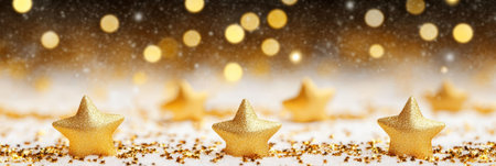 Sparking Golden Shiny Christmas Five Stars On Snow Gold. Glittery. Template, Design., With Bokehの素材
