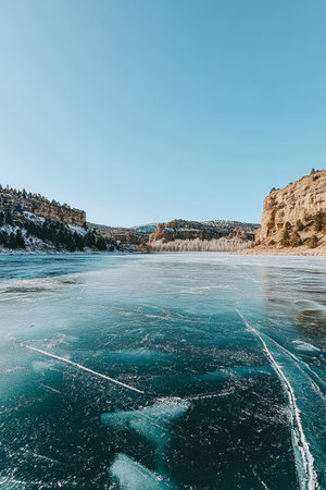 Frozen Lake With Turquoise Ice Under Clear Blue Sky In Sunny Winter Day. The Hills Of Pines.の素材