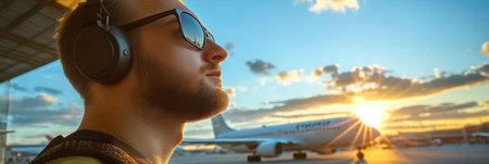 Side View of Airport Worker Wearing Headphones and Sunglasses, With Sunset Backgroundの素材