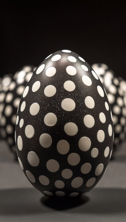 Black and Silver Easter Eggs Decorated with White Polka Dots on a Dark Background with Copy Spaceの素材