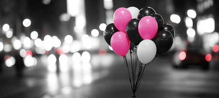 Celebration in the City Pink and Black Balloons Against a Monochromatic Urban Backdropの素材