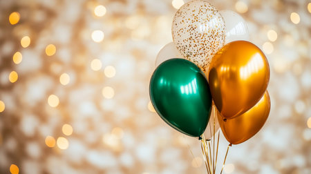 Festive Celebration A Bouquet of Green, Gold, and White Balloons on a Sparkling Gold Backgroundの素材