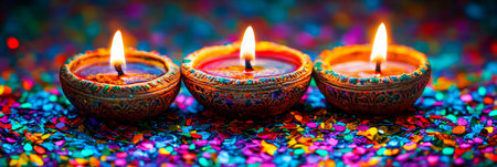 Traditional Diwali Festival of Lights with Vibrant Colors, Oil Lamps Glowing on Sparkly Confettiの素材