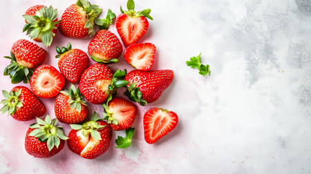 Freshly Picked Strawberries, Whole and Halved A Sweet and Vibrant Flat Lay Compositionの素材