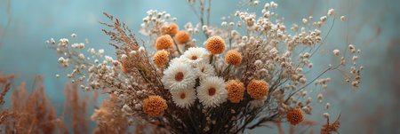 Dried White and Orange Floral Arrangement, Bouquet of Delicate Flowers on Blue Background.の素材