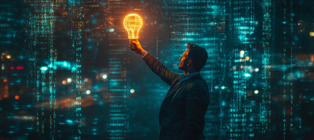 Businessman Holding Glowing Light Bulb, Symbolizing Breakthrough Ideas in Digital Marketの素材