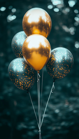 Festive Celebration Gold and Charcoal Metallic Balloons Against a Dreamy, Bokeh Backgroundの素材