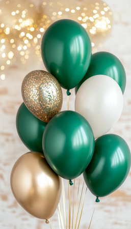 Green, White, And Gold Balloons On A Light Background, Festive Decoration For Celebrationの素材