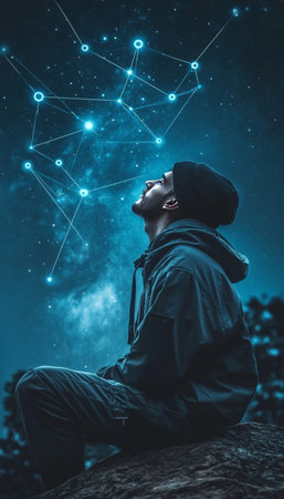 Man Contemplates Digital Network in Night Sky, Exploring Connectivity and Technology.の素材