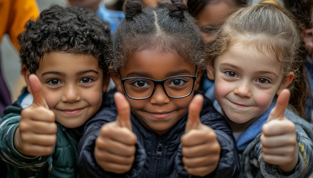 Diverse Group of School Children Giving Thumbs Up in Close Up, Showing Unity and Positivity.の素材