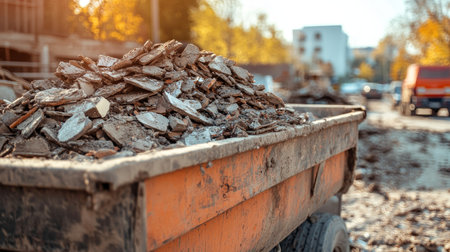 Construction Waste Container Filled With Debris, Highlighting Cleanup Needs After Demolitionの素材