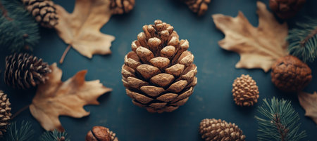 Golden Pine Cones with Natural Autumn Leaves Arrangement on Dark, Moody Blue Background, Flat Layの素材