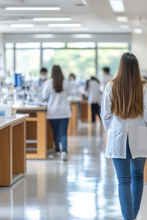 Blurry Lab Interior Scientists Working in Busy Medical Research Center with Modern Equipmentの素材