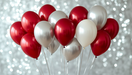 Red And Silver Balloons On Silver Bokeh Background, Holiday Party Accessory, Celebration Backgroundの素材