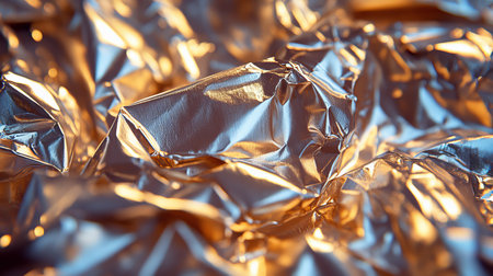 Close-Up, Textured Background of Wrinkled Gold Metallic Material Reflecting Golden Lightの素材