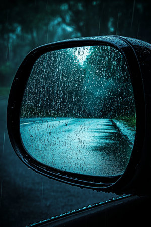 Rainy Day Drive Rearview Mirror reflecting a wet road with trees, mirroring the journey.の素材
