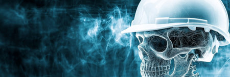 Skeleton Construction Worker In Hard Hat On Abstract Background, Concept Of Danger In Constructionの素材