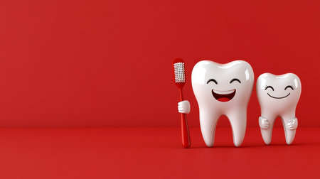 Happy Teeth Holding a red Toothbrush 3D Cartoon Characters on a Vibrant Red Backgroundの素材