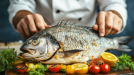 Chef Plating Grilled Dorada Fish with Fresh Herbs and Colorful Vegetables on a Rustic Wooden Boardの素材