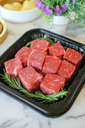 Raw Beef Cubes, Seasoned and Ready for Cooking, Presented on a Black Tray with Fresh Rosemary.の素材