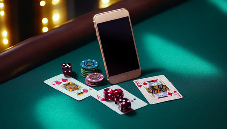 Online Casino, Playing Cards, Dice, Chips, Smartphone on Green Table. Banner Templateの素材