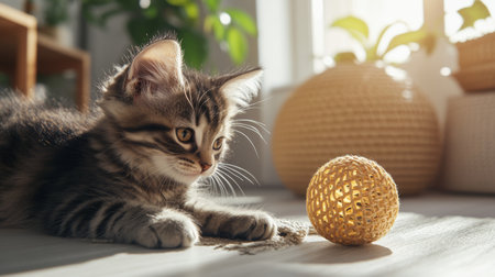 Playful Kitten Enjoys Sunlit Fun with a Toy Ball, a Heartwarming Moment of Feline Joyの素材