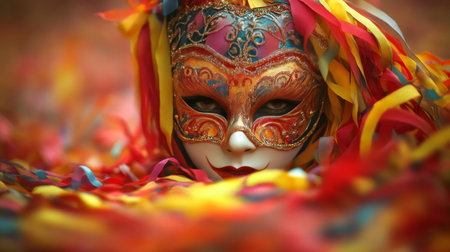 Carnival Revelry Colorful Mask With Intricate Design, Surrounded By Festive Streamers and Confettiの素材