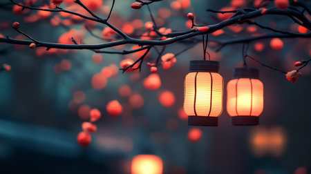 Two Illuminated Lanterns Adorning a Tree with Red Berries, Festive Ambiance for Celebrationの素材