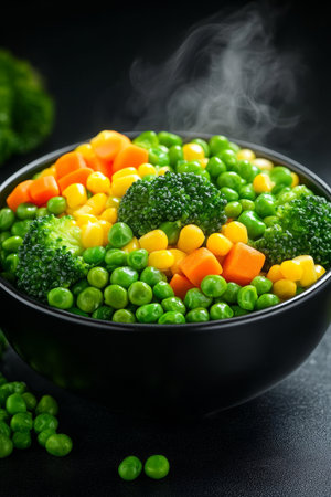 Steaming Bowl of Fresh Microwaved Mixed Vegetables, Isolated Background Modern Kitchen,の素材