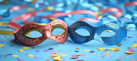 Pink And Blue Carnival Masks On Festive Colorful Background, Mardi Gras Party Celebration Conceptの素材