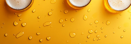 Three glasses of beer with foam on a yellow background with drops of water, top view.の素材