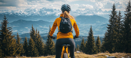 Woman Mountain Biking With Scenic Alps Mountain View, Outdoor Adventure Active Lifestyleの素材