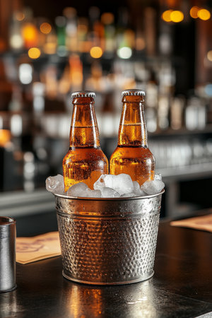 Two Cold Beer Bottles on Ice A Refreshing Scene from the Bar with Sparkling Ice Cubesの素材