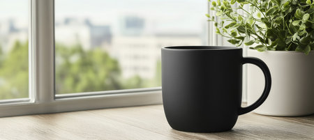 A black ceramic coffee mug sits on a wooden windowsill, plants in background lend homey feelの素材
