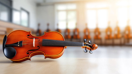Violin Lies On The Floor With Blurry Background. Strings, Neck, Bow, Studio Ambience.の素材